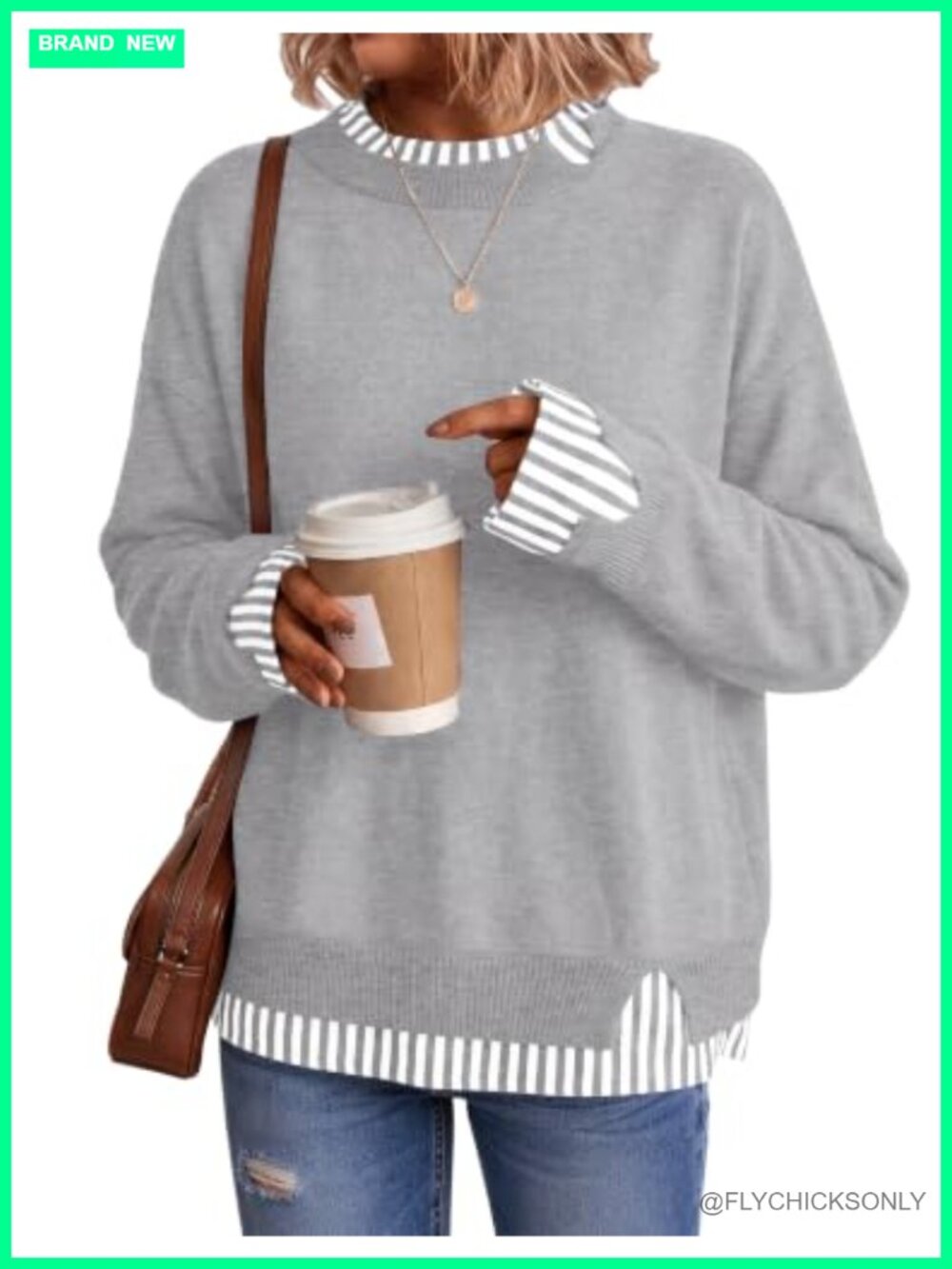 Oversized Striped Color Block Crewneck Tunic Sweater Women Loose Knit Pullover